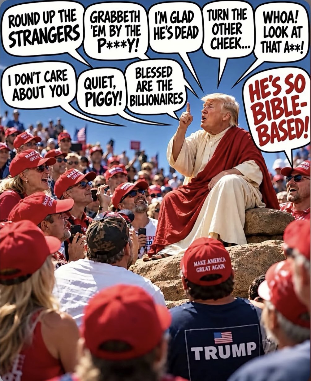 Satirical AI-style image of Trump in a white robe, preaching like Jesus from a rock to a crowd in MAGA hats, with speech bubbles quoting the lines fact-checked below
